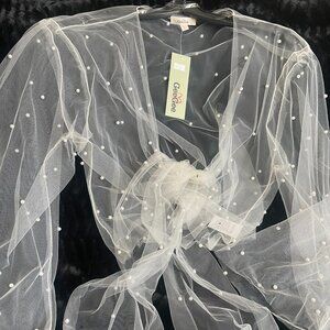 Off White Tulle & Pearl Sleeved Wrap